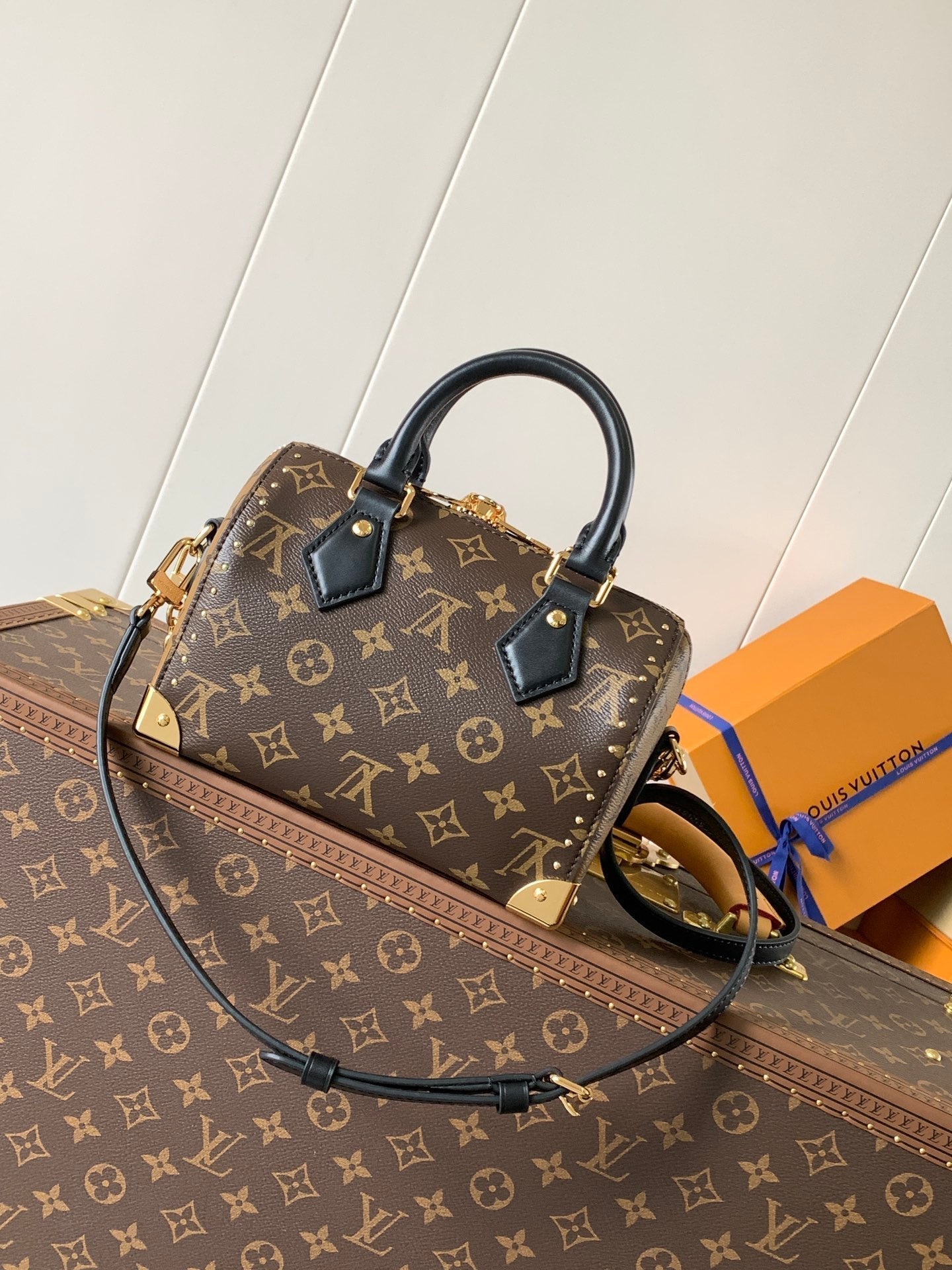 LOUIS VUITTON SPEEDY TRUNK BAG 20 IN BROWN MONOGRAM COATED CANVAS AND BLACK CALFSKIN