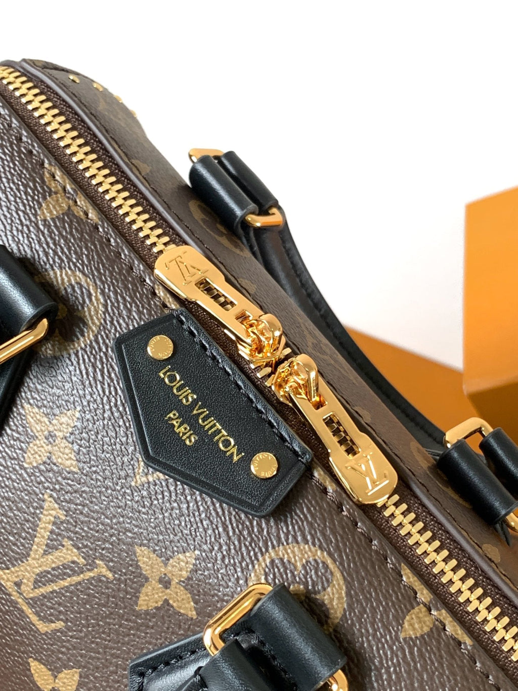 LOUIS VUITTON SPEEDY TRUNK BAG 20 IN BROWN MONOGRAM COATED CANVAS AND BLACK CALFSKIN