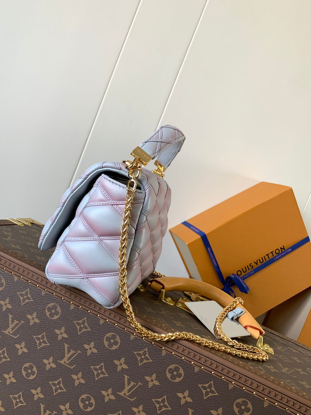 LOUIS VUITTON LV 25S GO-14 MM 23 IN LAVENDER GRAY QUILTED LAMBSKIN GOLD HARDWARE