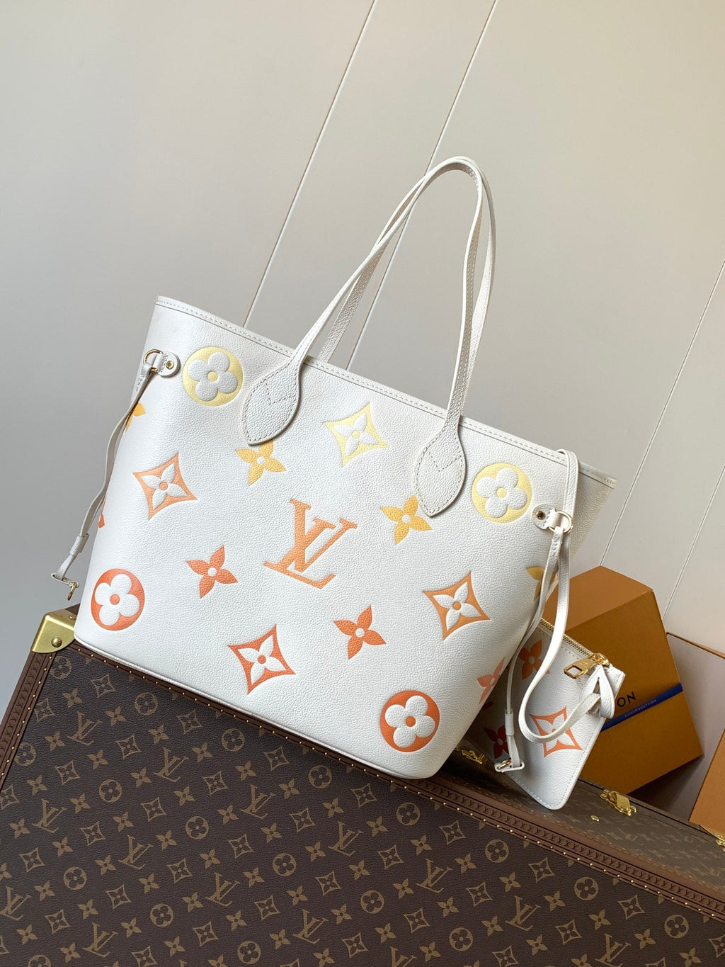 LOUIS VUITTON NEVERFULL MM TOTE BAG 32 IN WHITE MIX ORANGE CALFSKIN