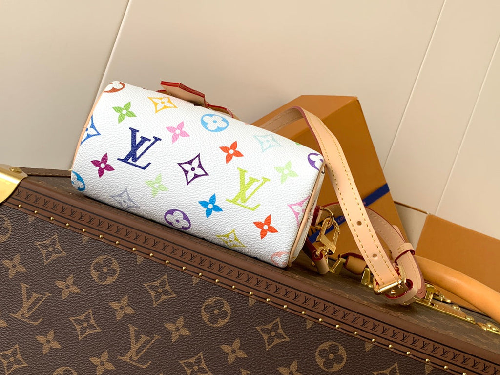 LOUIS VUITTON NANO SPEEDY BAG 16 IN COLORFUL MONOGRAM PATTERN AND WHITE COATED CANVAS