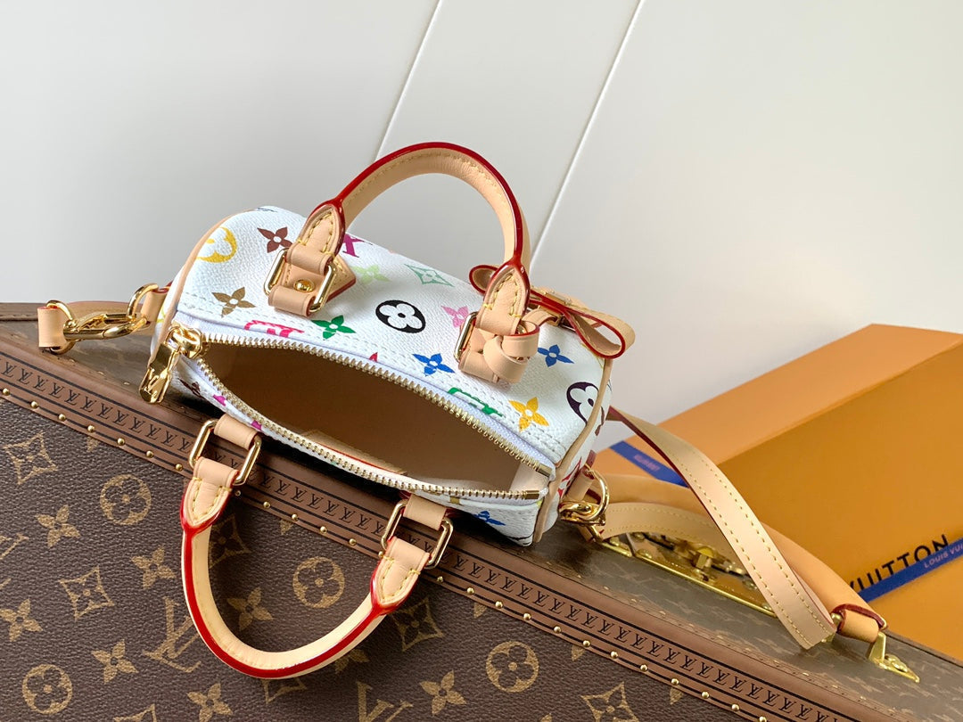 LOUIS VUITTON NANO SPEEDY BAG 16 IN COLORFUL MONOGRAM PATTERN AND WHITE COATED CANVAS