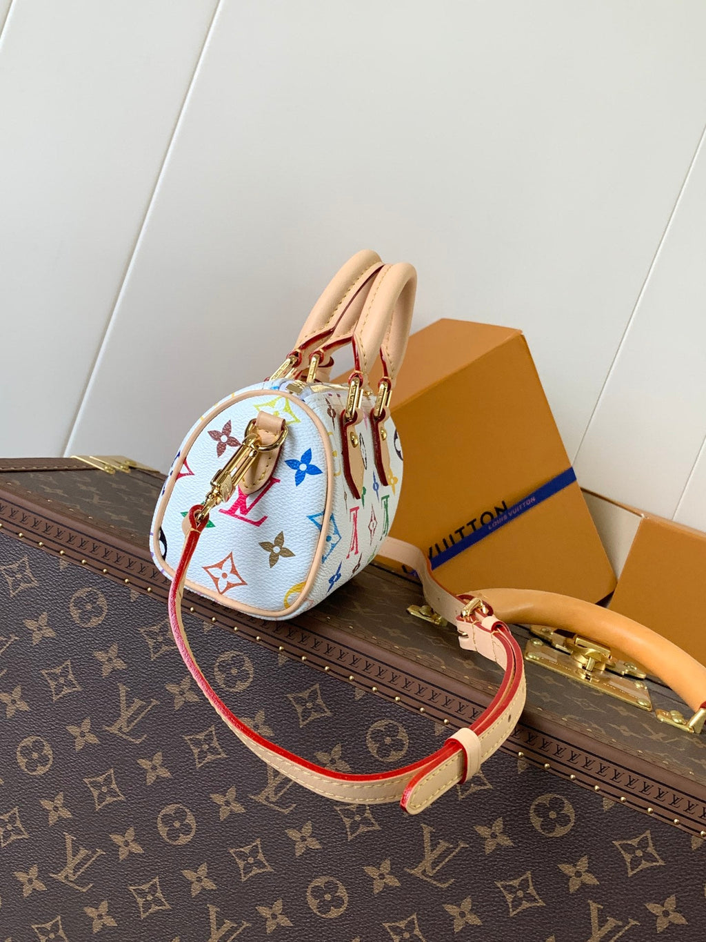 LOUIS VUITTON NANO SPEEDY BAG 16 IN COLORFUL MONOGRAM PATTERN AND WHITE COATED CANVAS