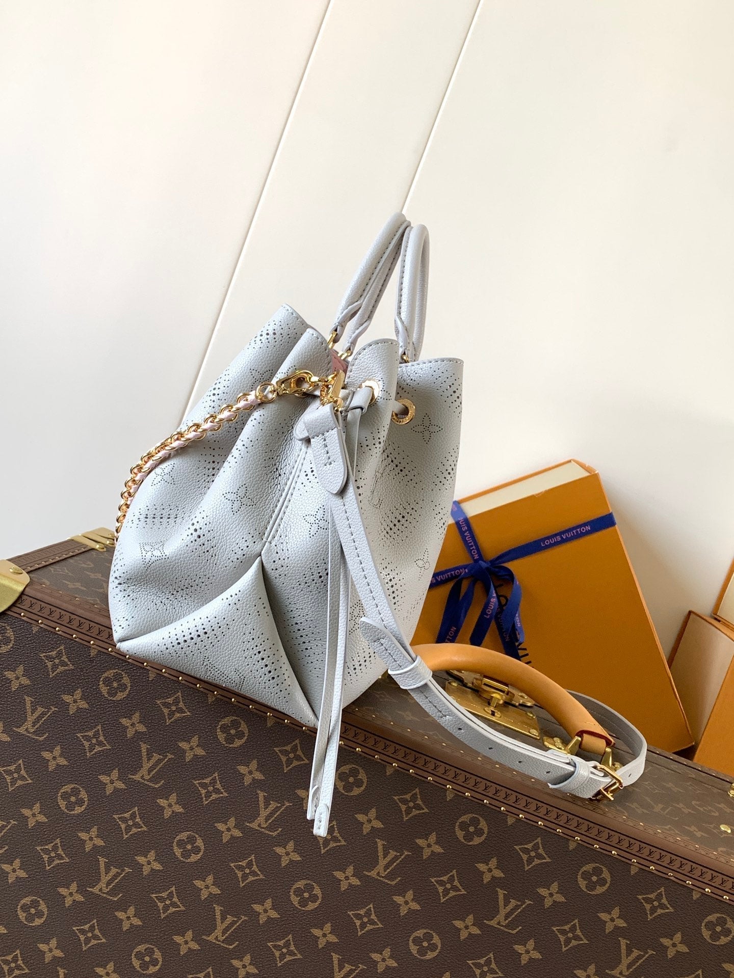 LOUIS VUITTON LV 25S BELLA TOTE BAG 32 IN PINK GREY PERFORATED MAHINA CALFSKIN