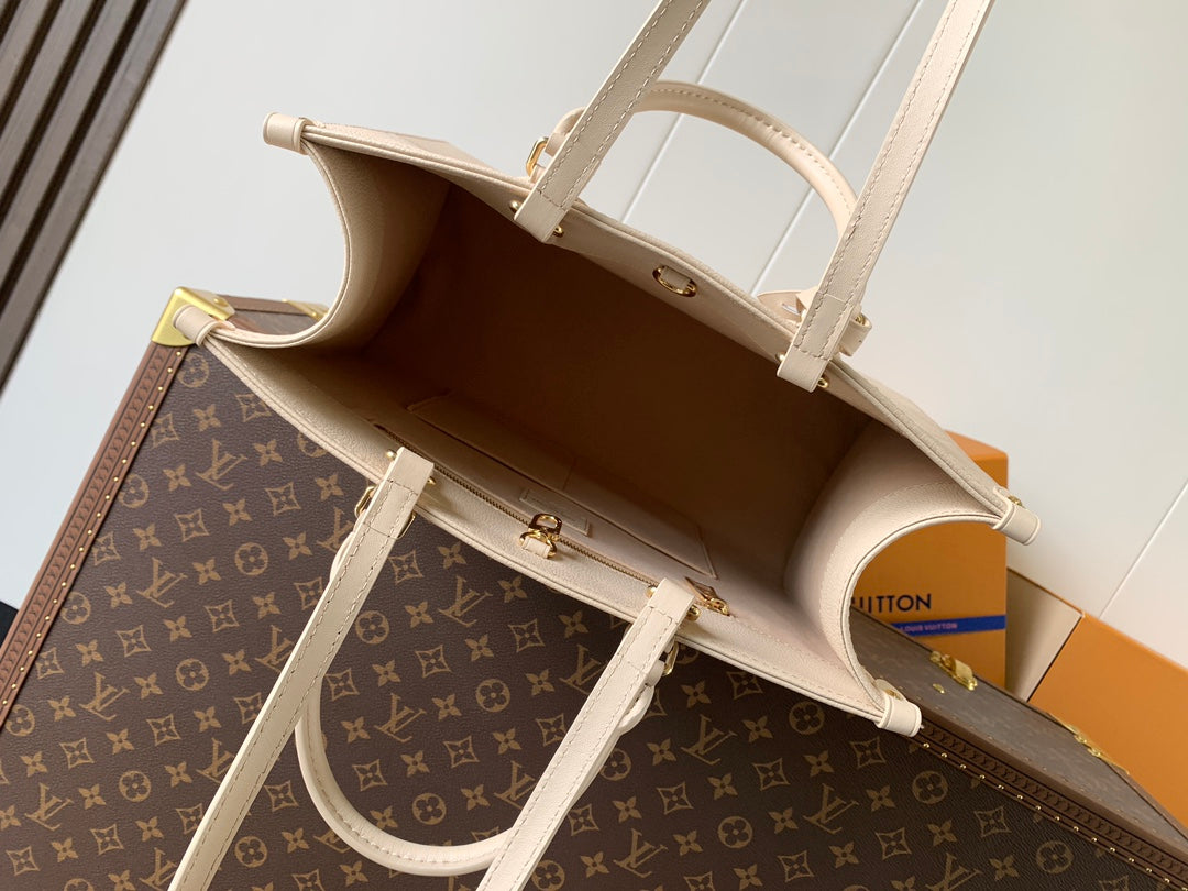 LOUIS VUITTON ONTHEGO 35 IN LIGHT BEIGE MONOGRAM CALFSKIN
