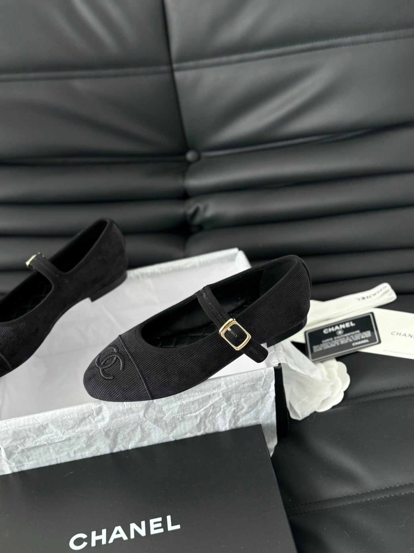 CHANEL MARY JANE SHOES BLACK CORDUROY TWILL FABRIC