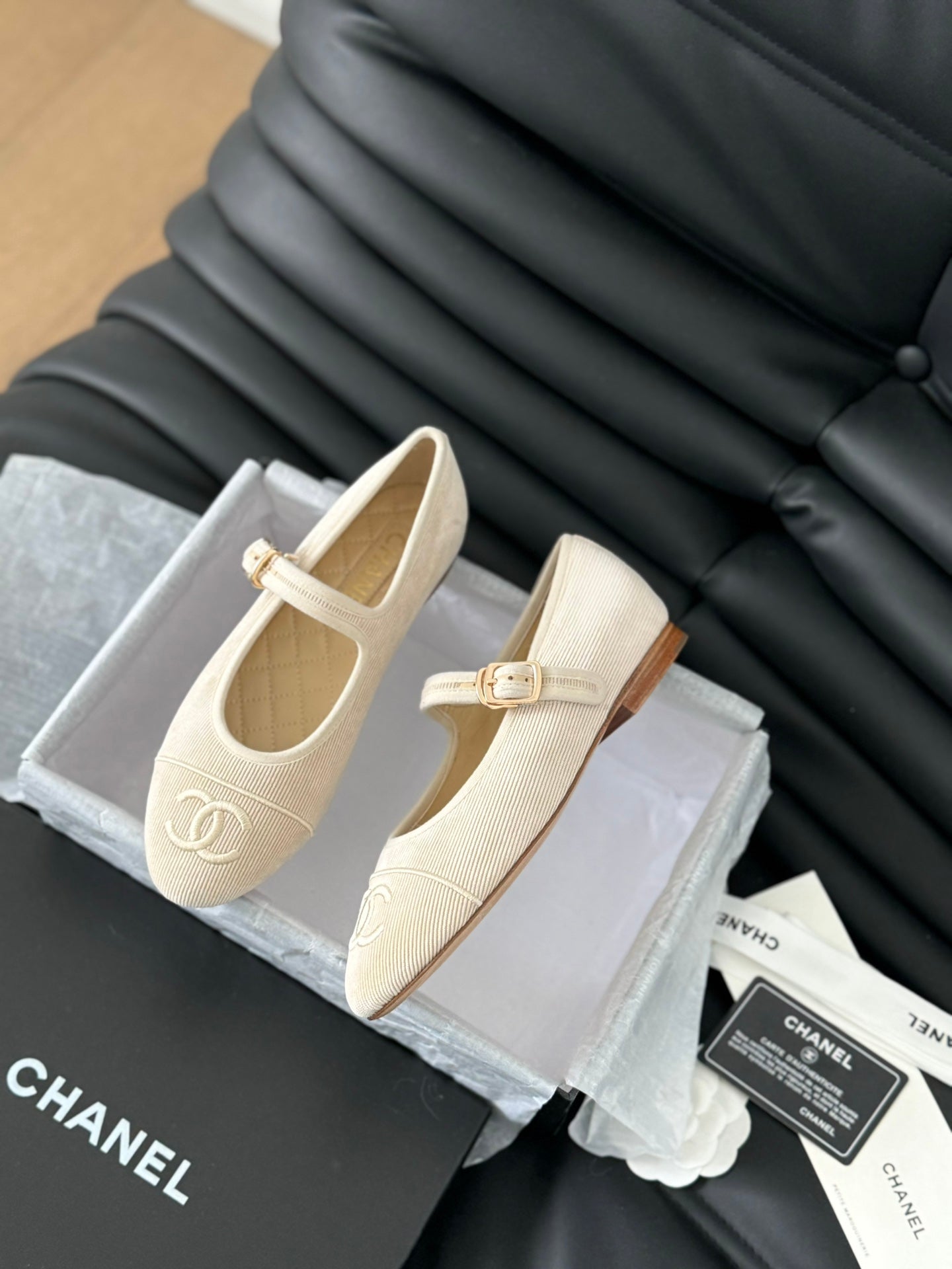 CHANEL MARY JANE SHOES BEIGE CREAM CORDUROY TWILL FABRIC
