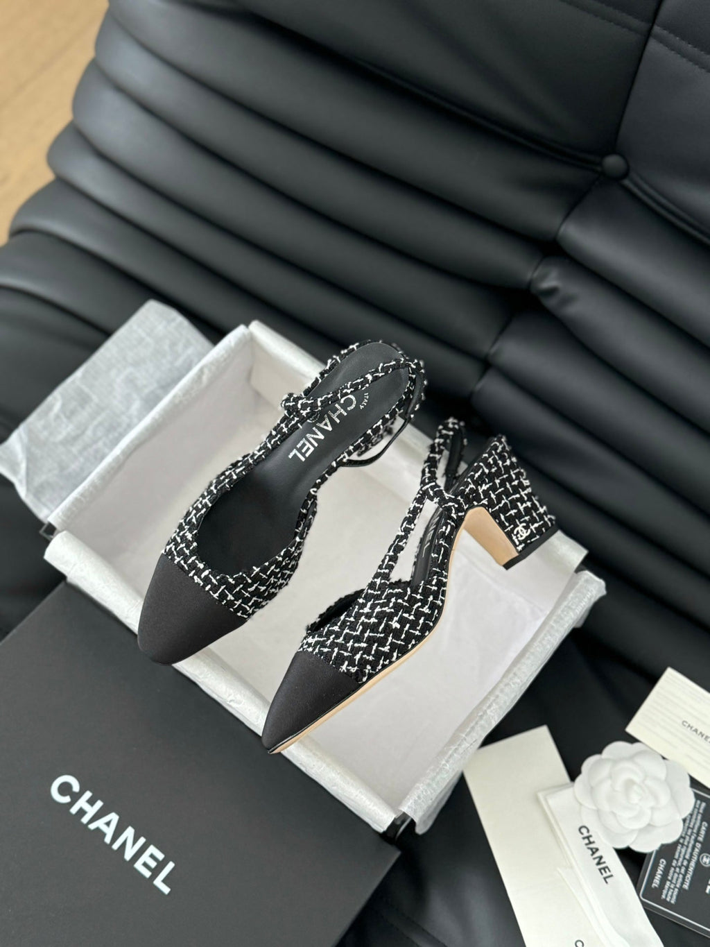 CHANEL HIGH SLINGBACK IN BLACK MIX WHITE TWEED AND LAMBSKIN