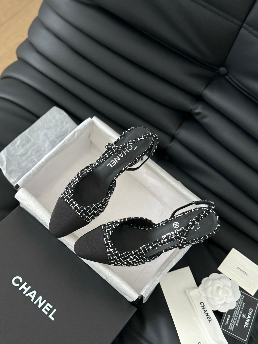 CHANEL HIGH SLINGBACK IN BLACK MIX WHITE TWEED AND LAMBSKIN