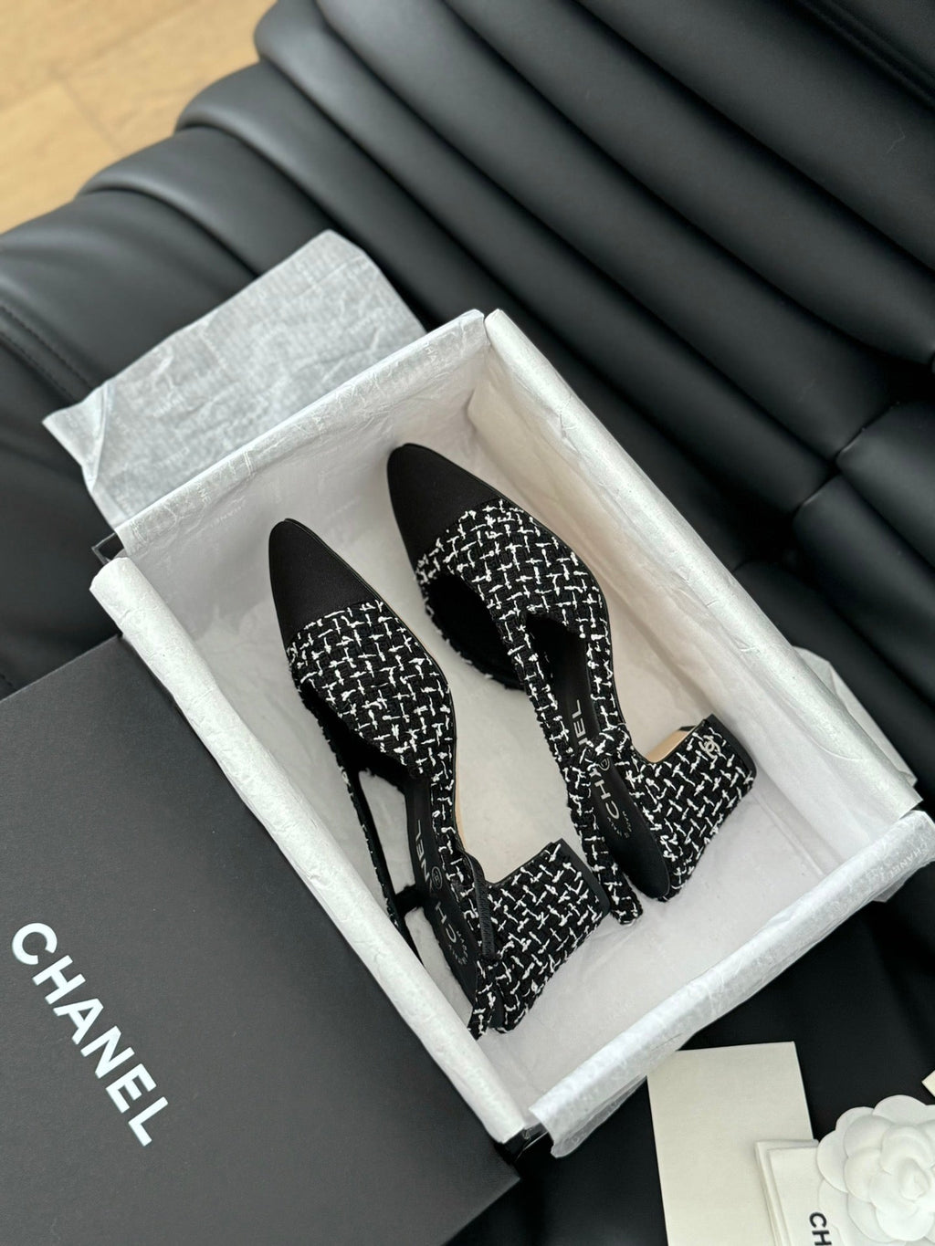 CHANEL HIGH SLINGBACK IN BLACK MIX WHITE TWEED AND LAMBSKIN