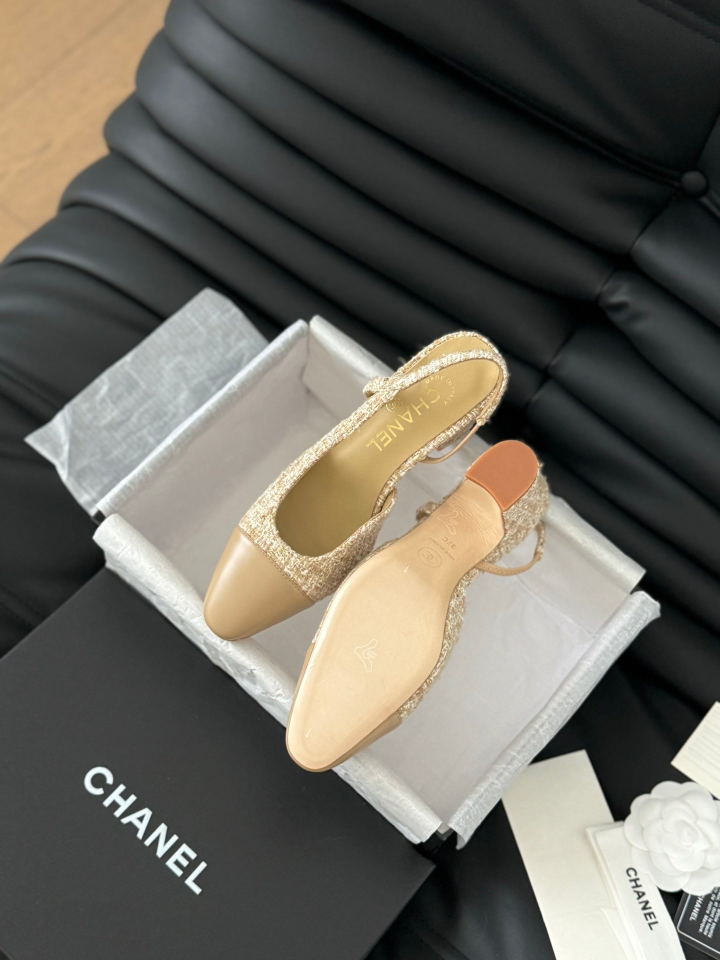 CHANEL CLASSIC HIGH SLINGBACK CORN YELLOW TWEEDS AND CALFSKIN