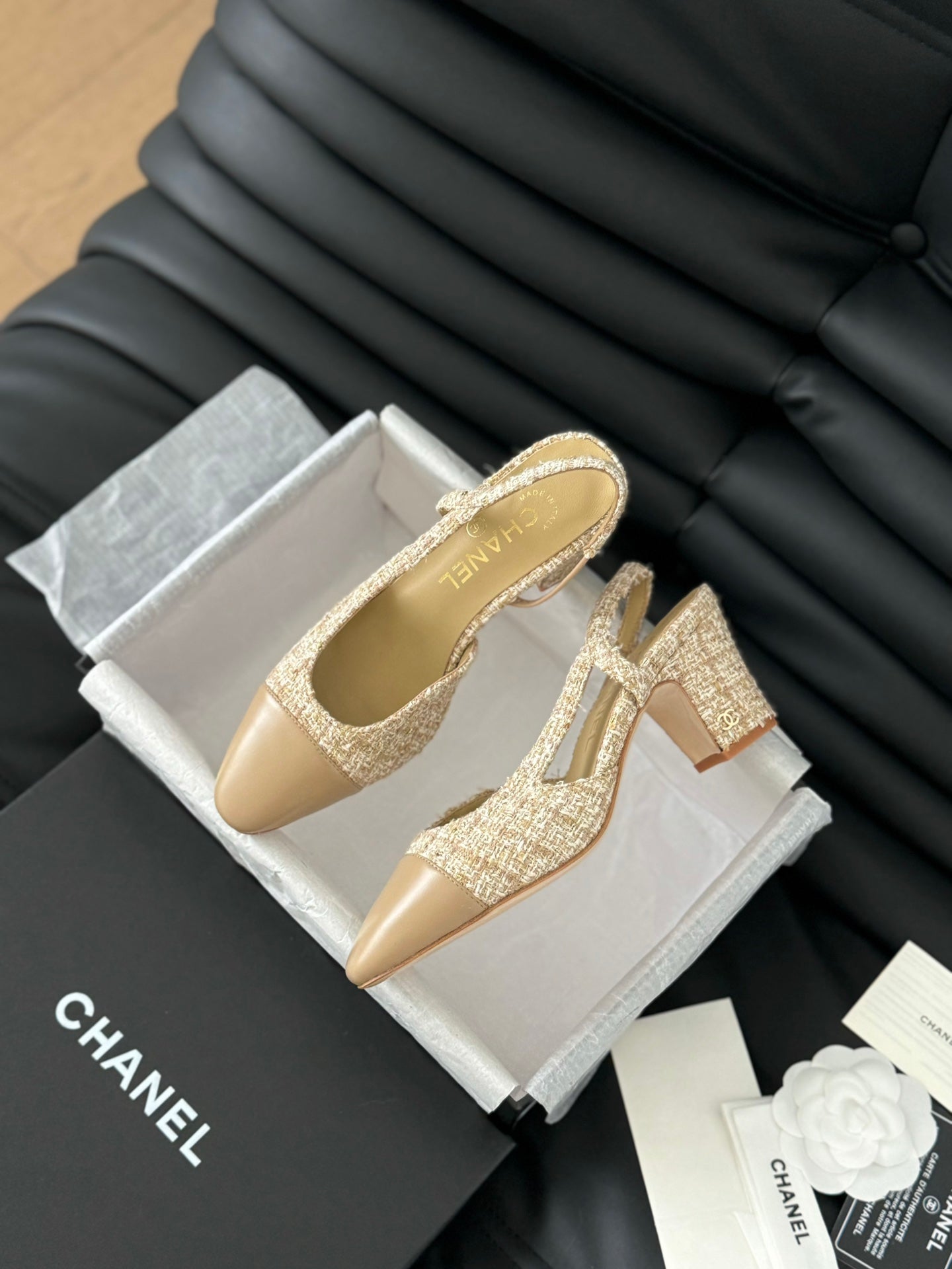CHANEL CLASSIC HIGH SLINGBACK CORN YELLOW TWEEDS AND CALFSKIN