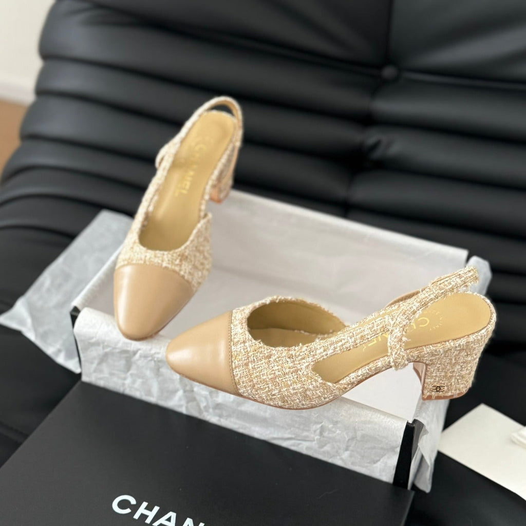 CHANEL CLASSIC HIGH SLINGBACK CORN YELLOW TWEEDS AND CALFSKIN
