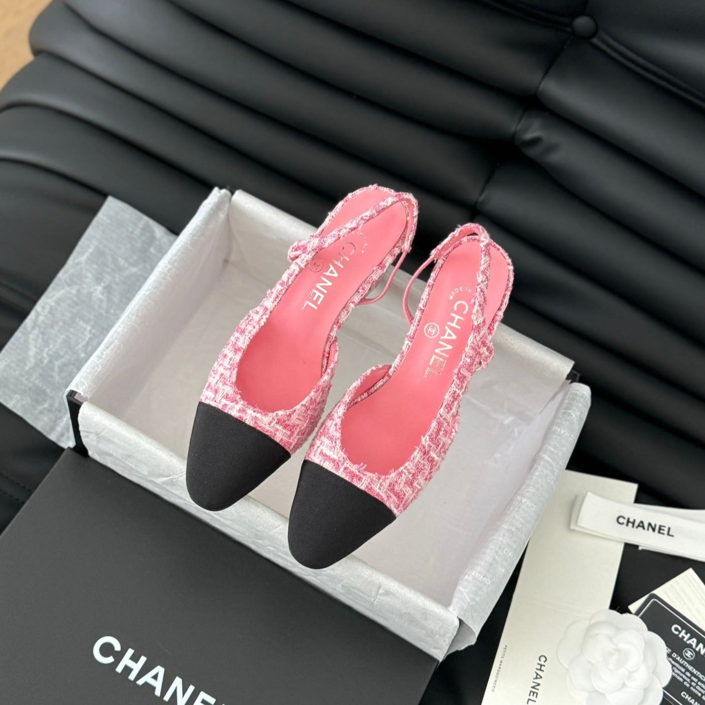 CHANEL HIGH SLINGBACK IN LIGHT PINK TWEED AND BLACK LAMBSKIN