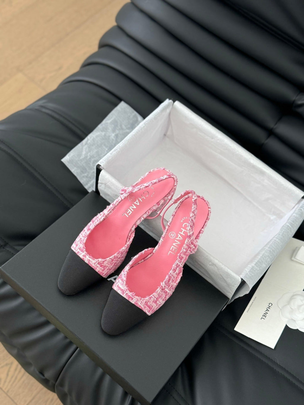 CHANEL HIGH SLINGBACK IN LIGHT PINK TWEED AND BLACK LAMBSKIN