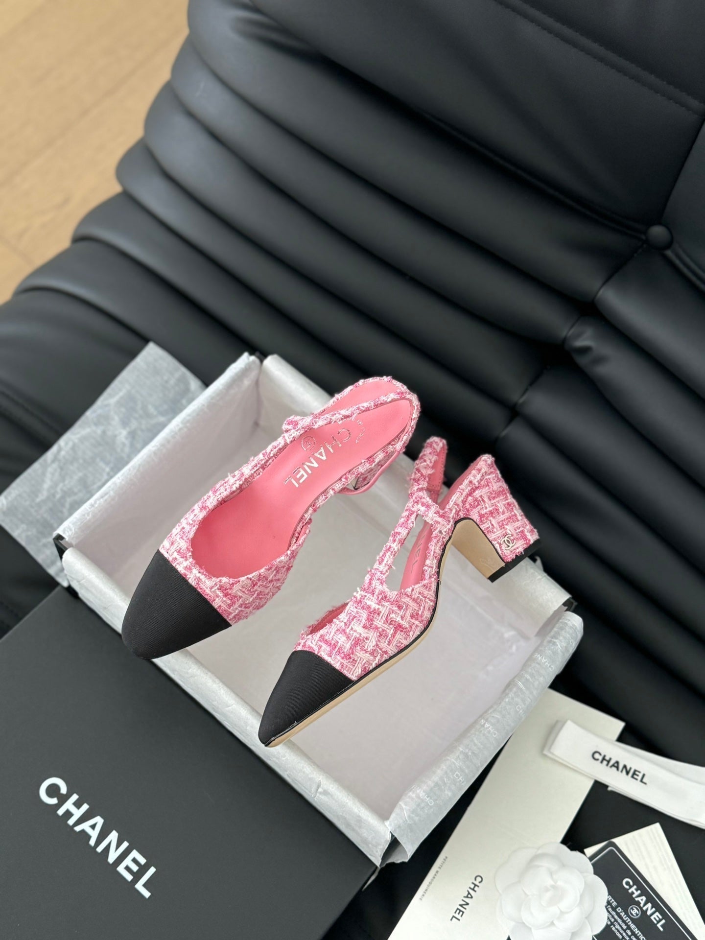 CHANEL HIGH SLINGBACK IN LIGHT PINK TWEED AND BLACK LAMBSKIN