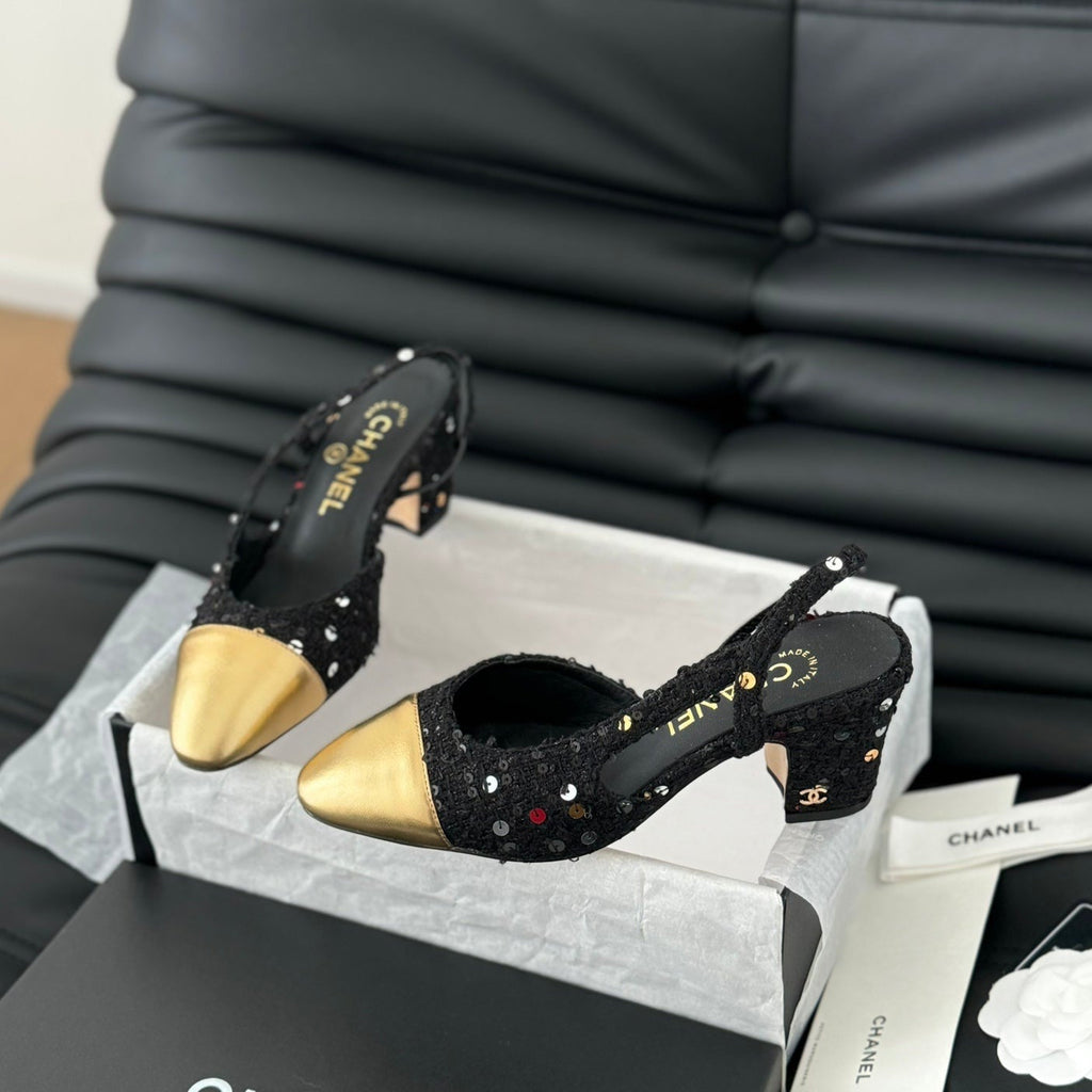 CHANEL HIGH SLINGBACK IN BLACK TWEED AND GOLDEN LAMBSKIN