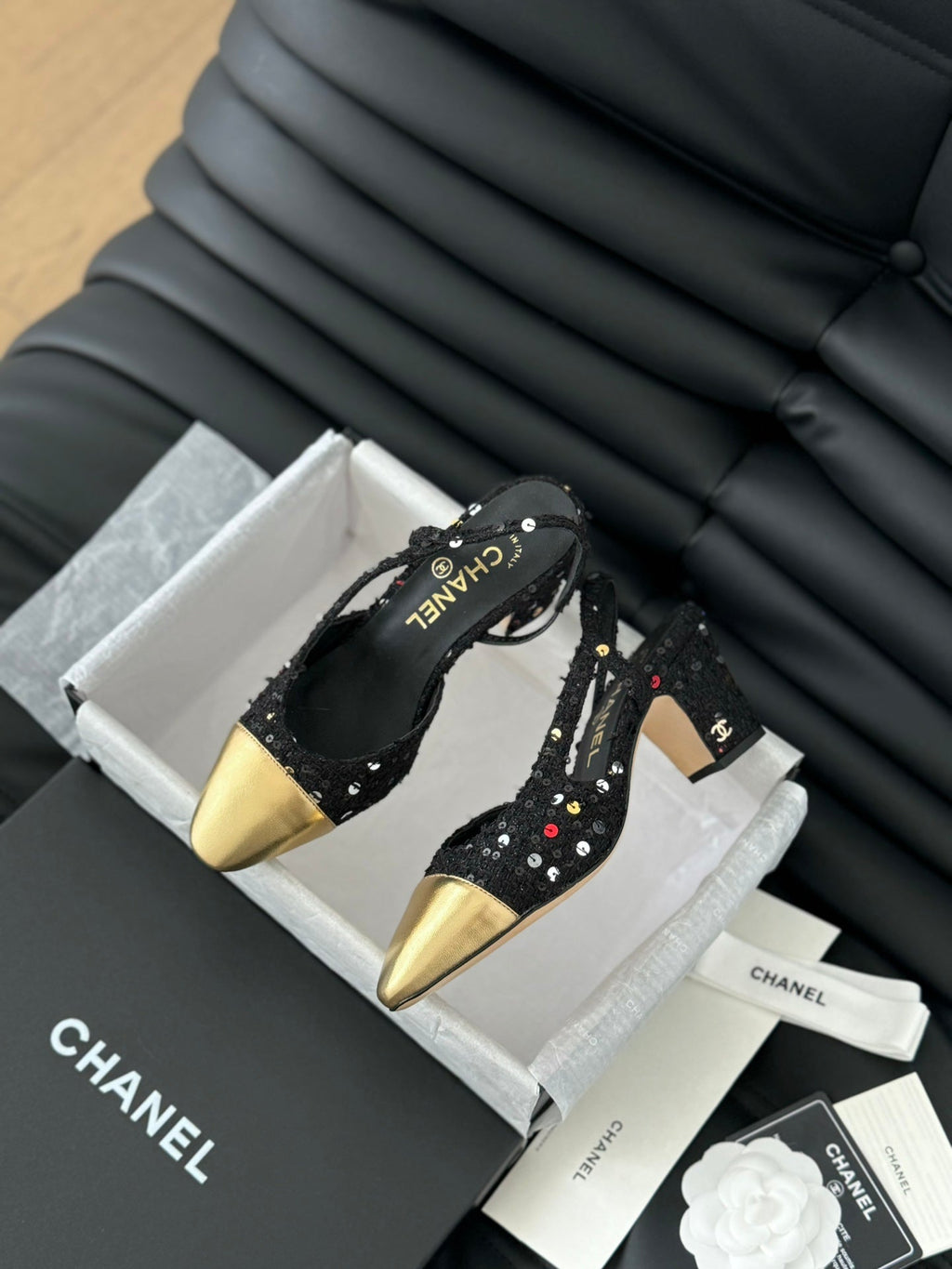 CHANEL HIGH SLINGBACK IN BLACK TWEED AND GOLDEN LAMBSKIN