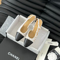 CHANEL HIGH SLINGBACK IN BEIGE TWEED AND BLACK LAMBSKIN