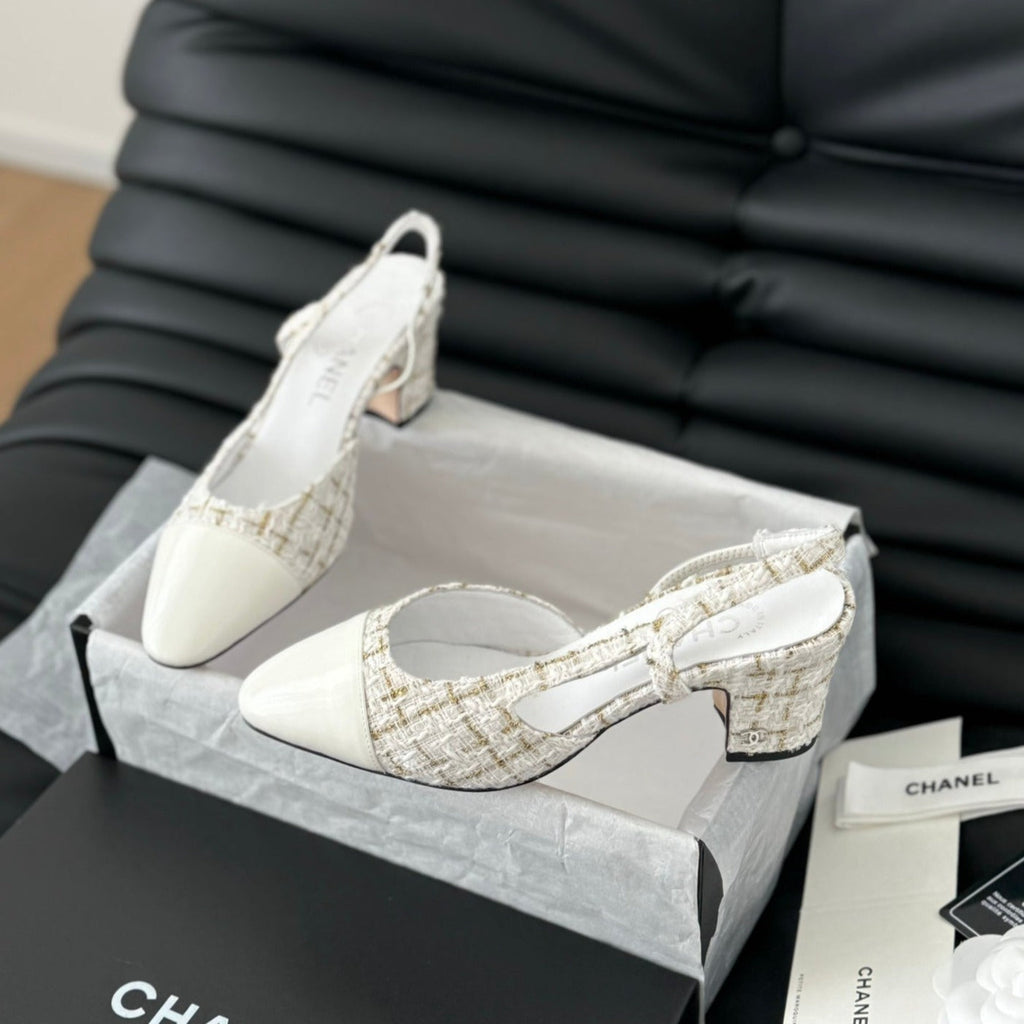 CHANEL HIGH SLINGBACK IN WHITE TWEED AND LAMBSKIN