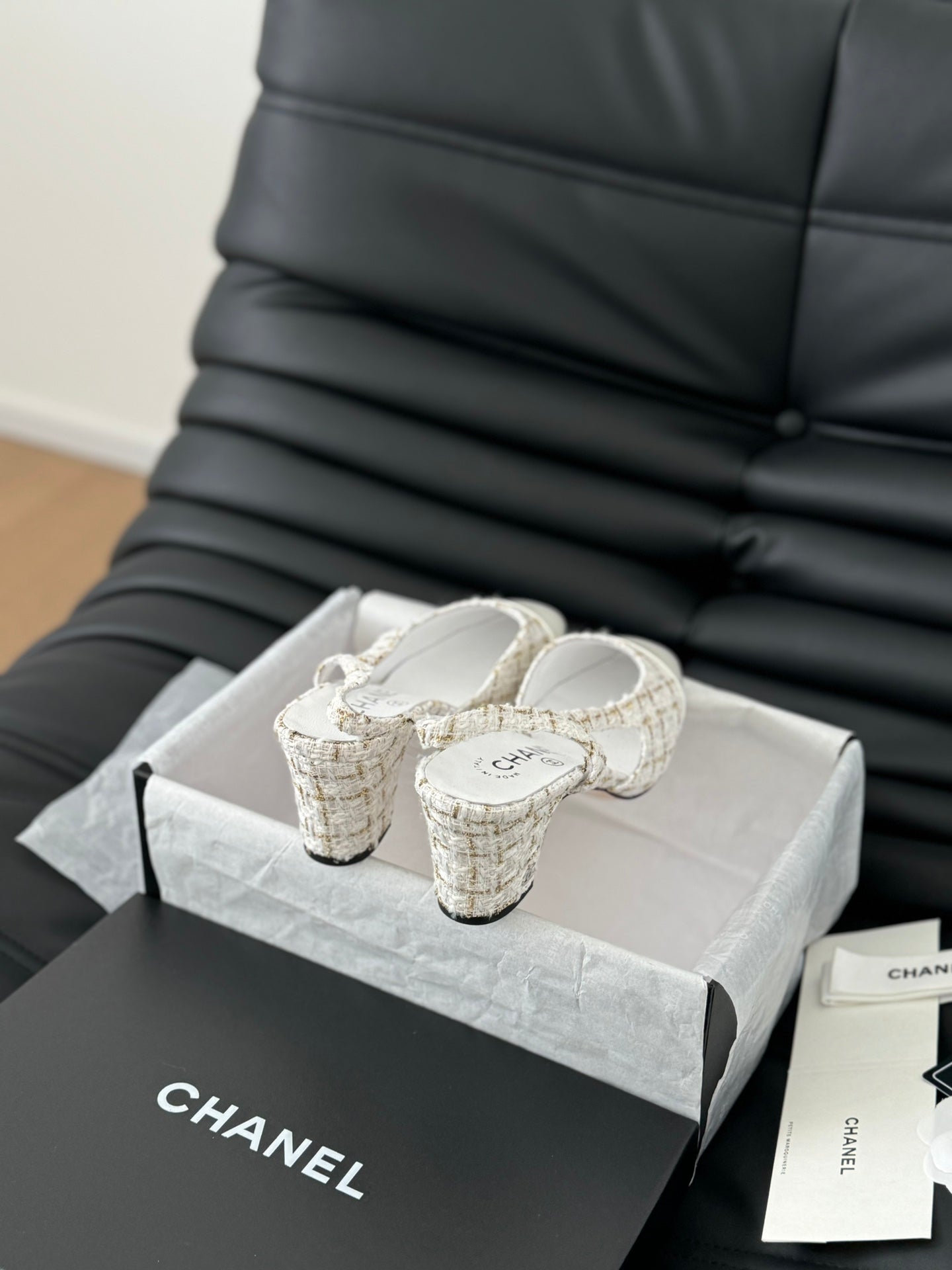 CHANEL HIGH SLINGBACK IN WHITE TWEED AND LAMBSKIN