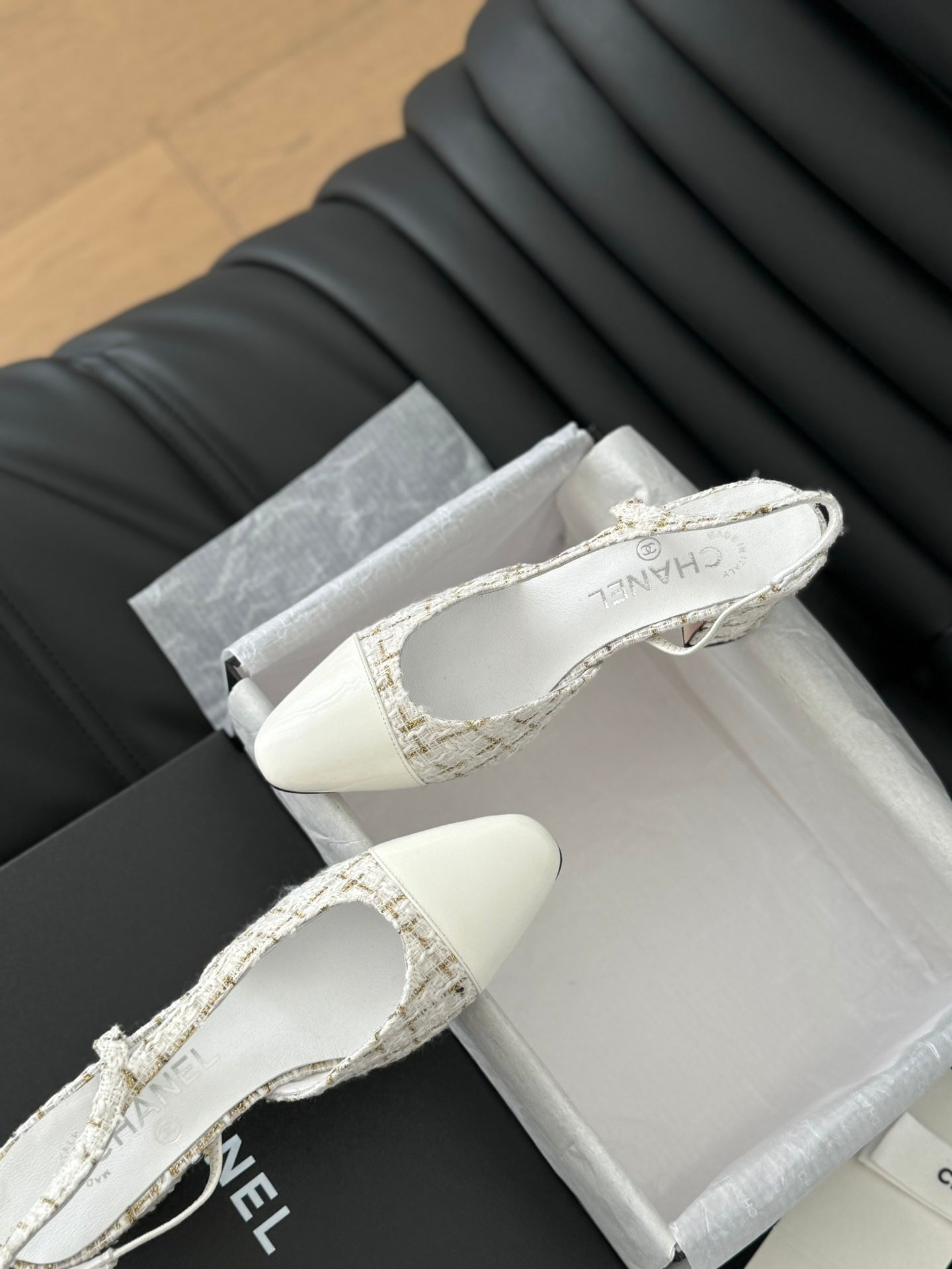 CHANEL HIGH SLINGBACK IN WHITE TWEED AND LAMBSKIN