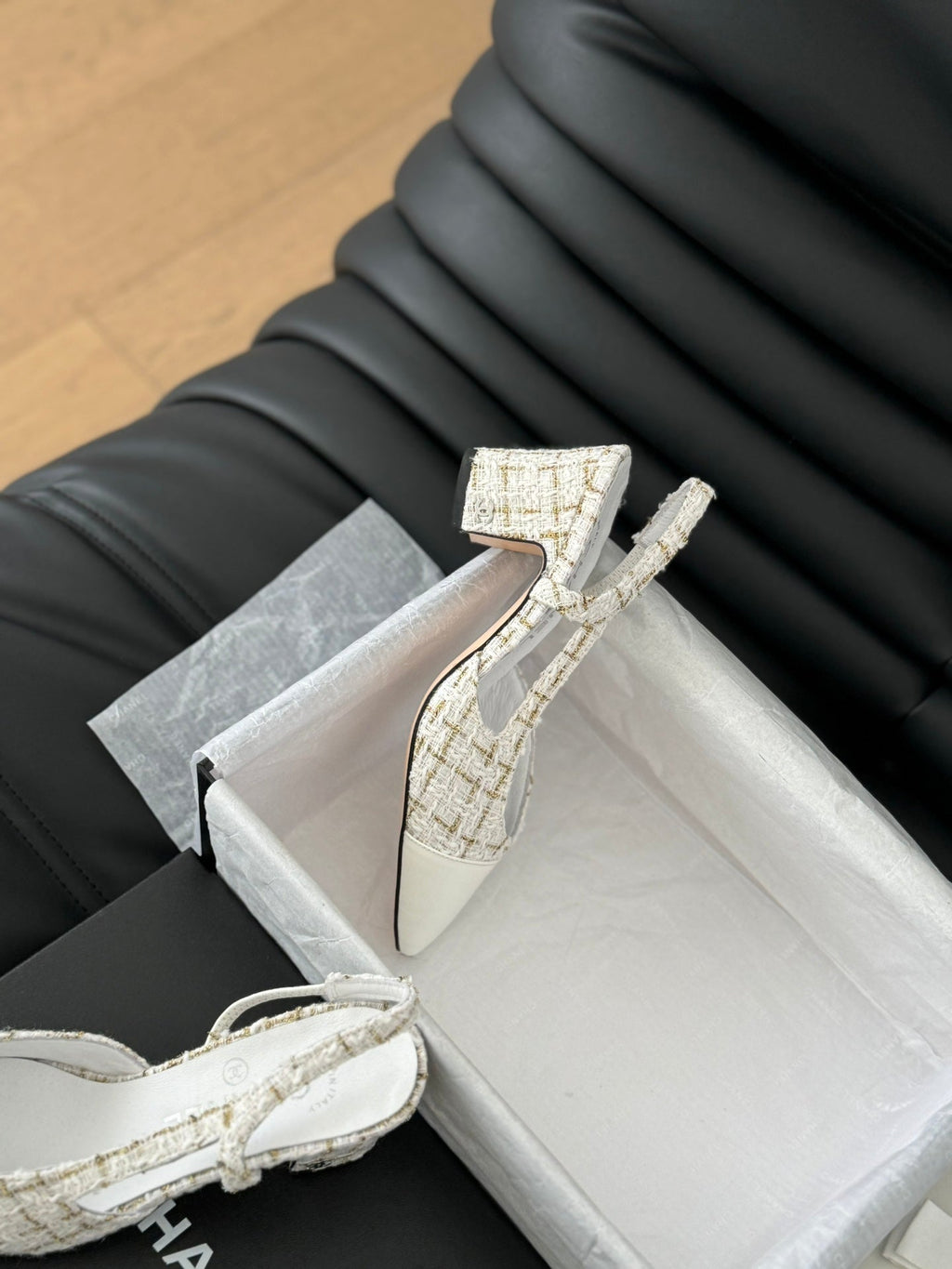 CHANEL HIGH SLINGBACK IN WHITE TWEED AND LAMBSKIN