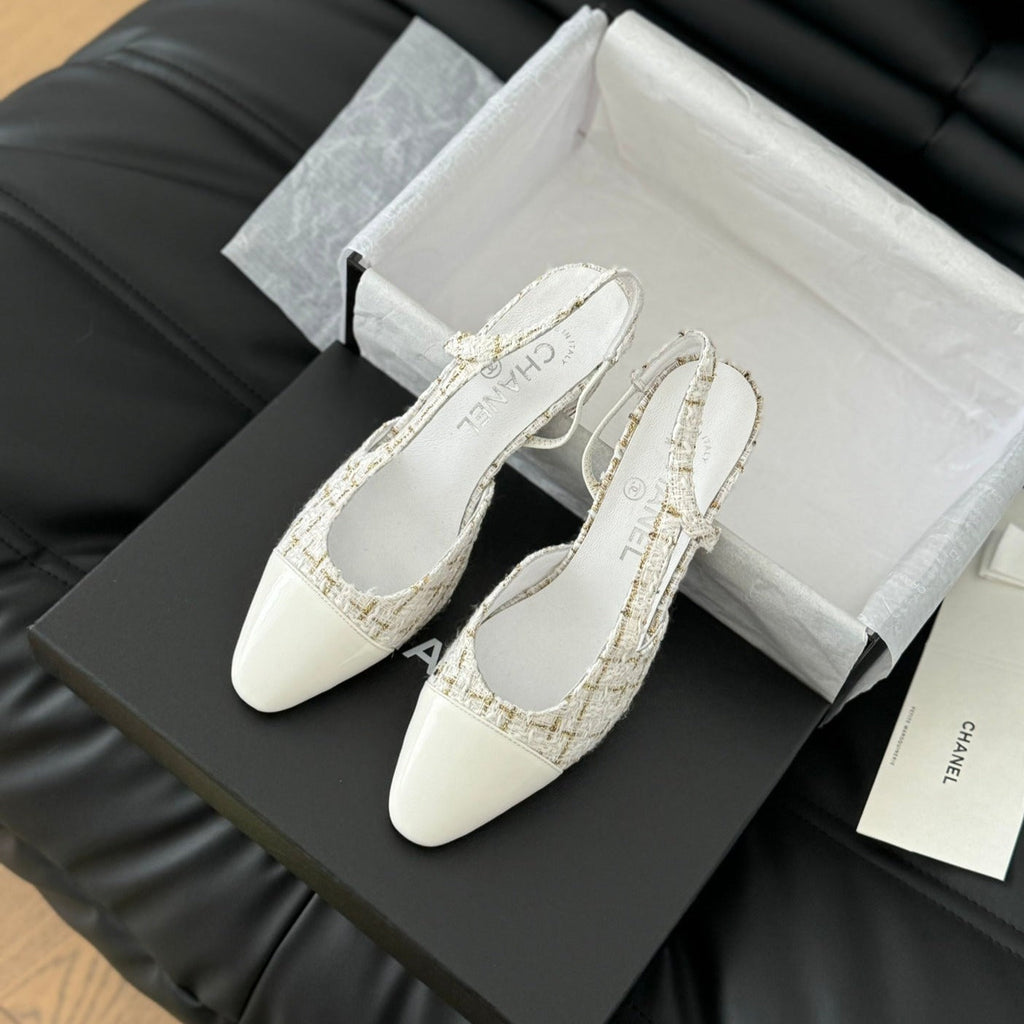 CHANEL HIGH SLINGBACK IN WHITE TWEED AND LAMBSKIN