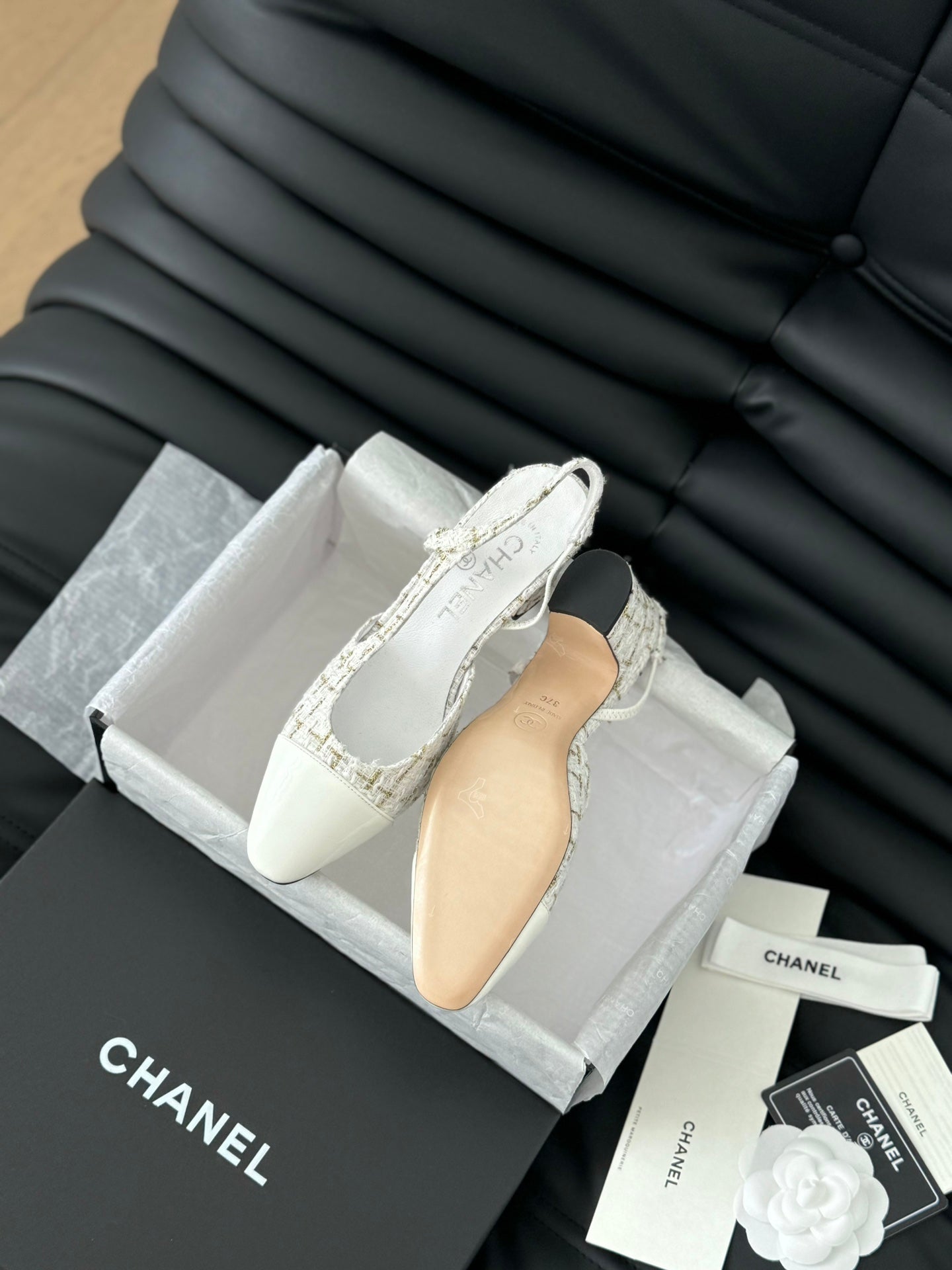 CHANEL HIGH SLINGBACK IN WHITE TWEED AND LAMBSKIN