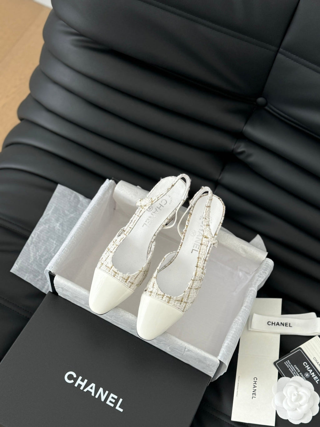 CHANEL HIGH SLINGBACK IN WHITE TWEED AND LAMBSKIN