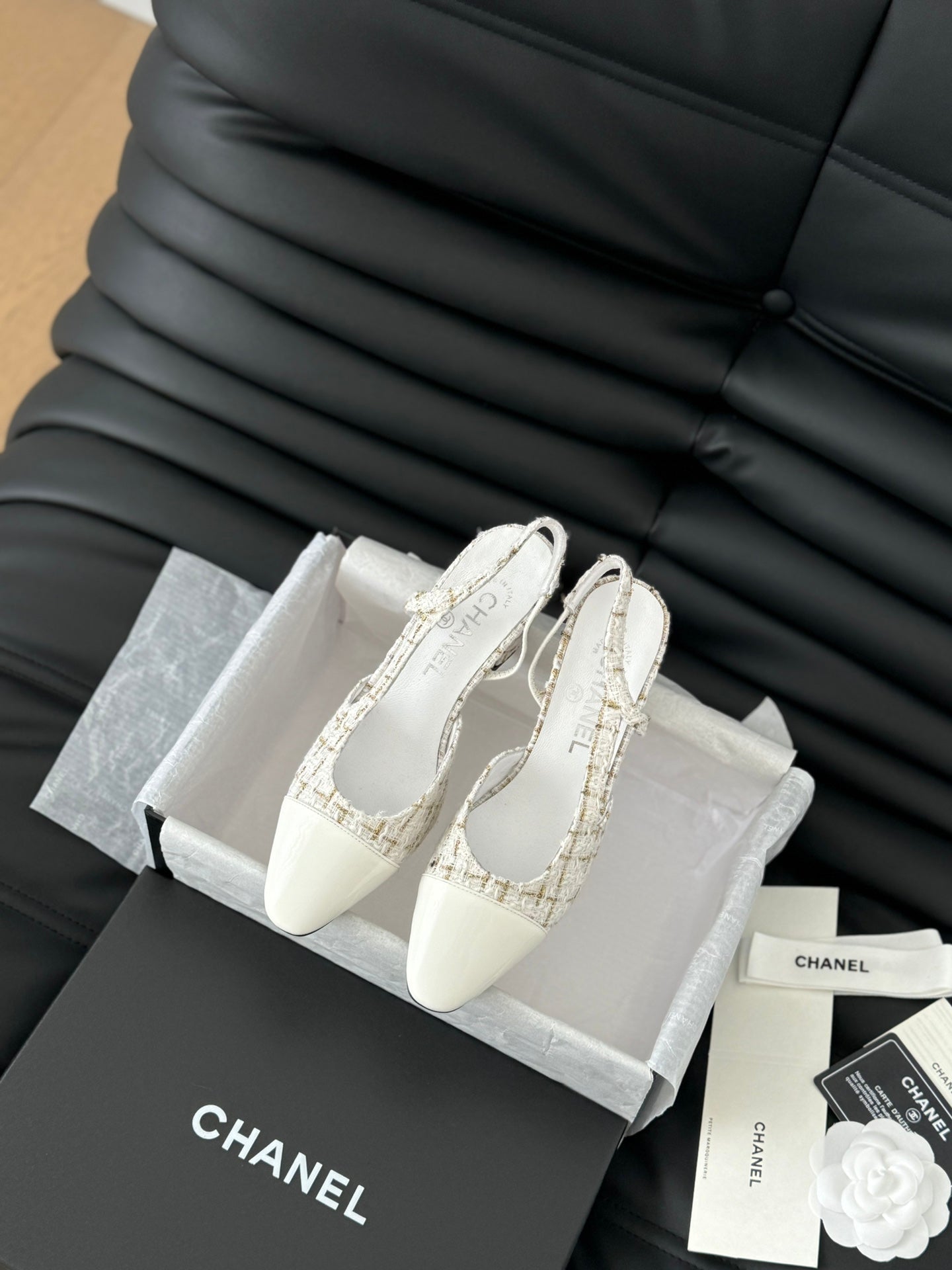 CHANEL HIGH SLINGBACK IN WHITE TWEED AND LAMBSKIN