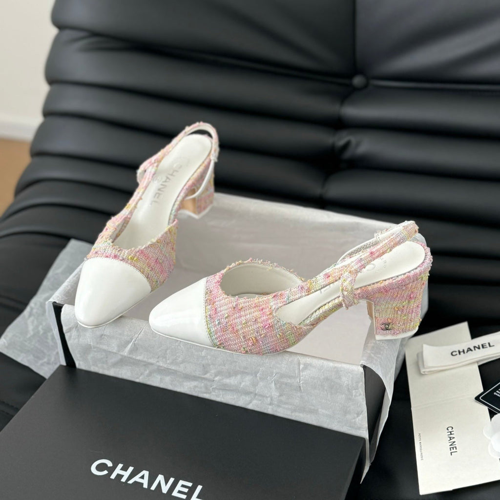 CHANEL HIGH SLINGBACK IN LIGHT PINK TWEED MIX WHITE LAMBSKIN