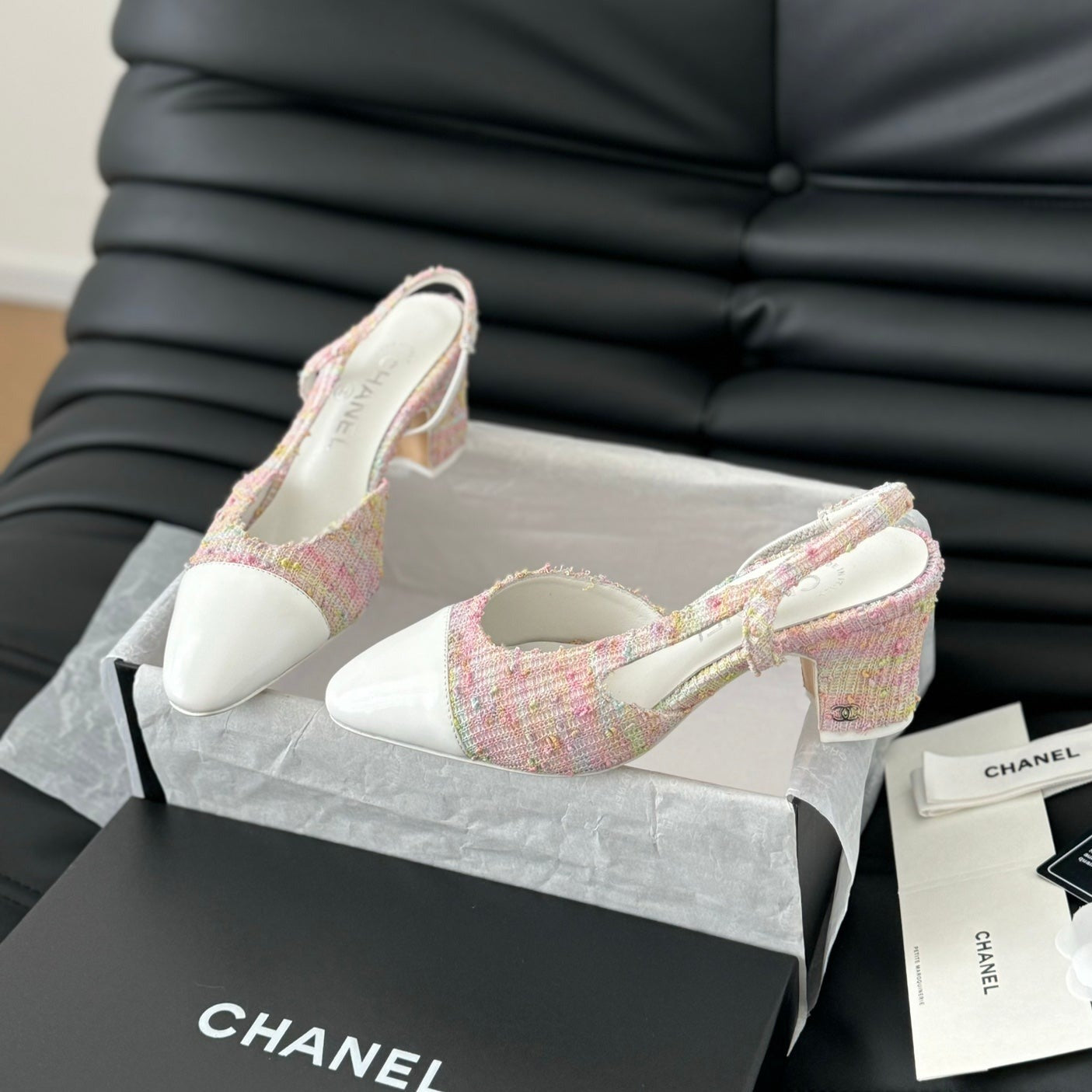 CHANEL HIGH SLINGBACK IN LIGHT PINK TWEED MIX WHITE LAMBSKIN