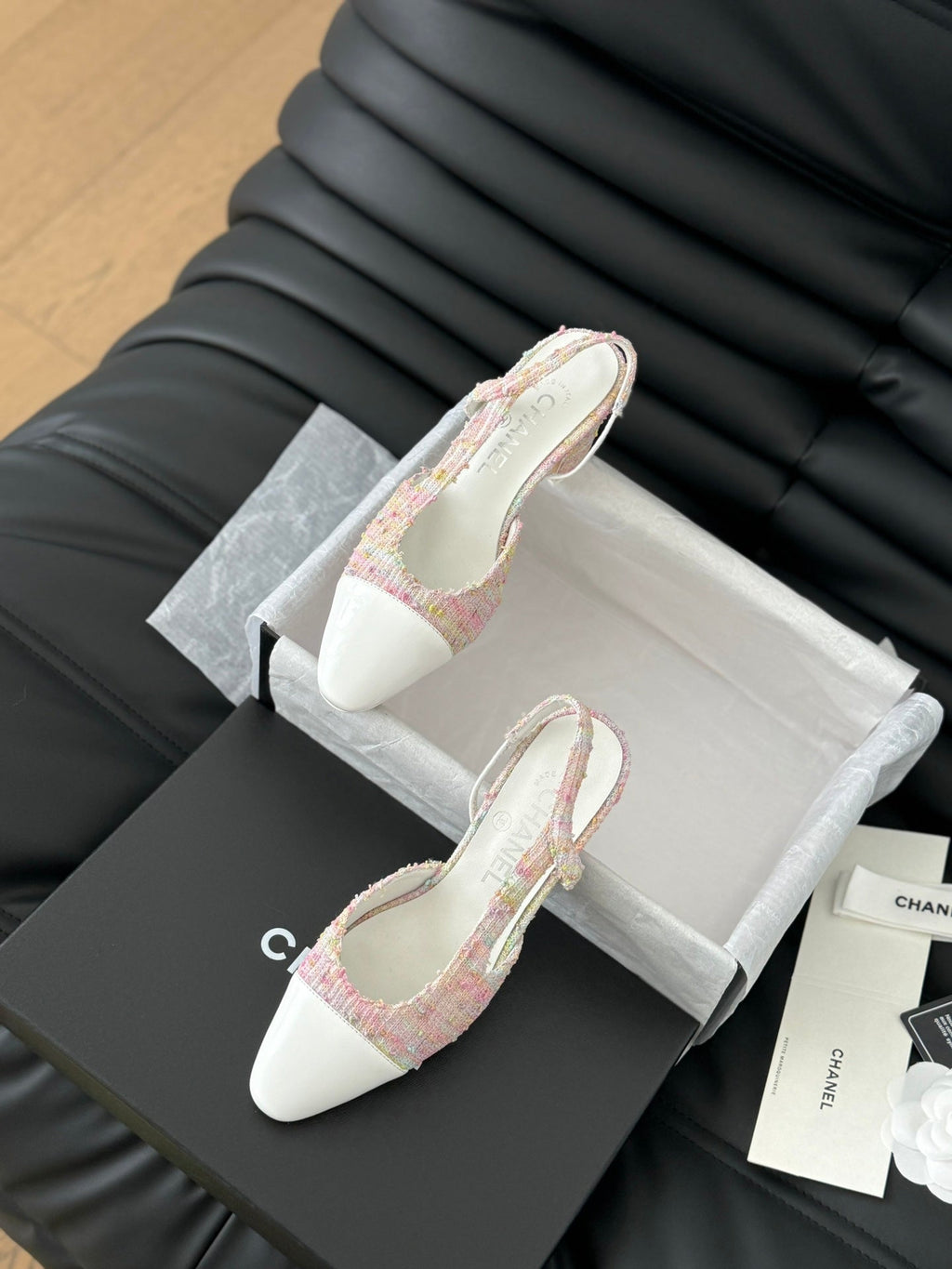 CHANEL HIGH SLINGBACK IN LIGHT PINK TWEED MIX WHITE LAMBSKIN