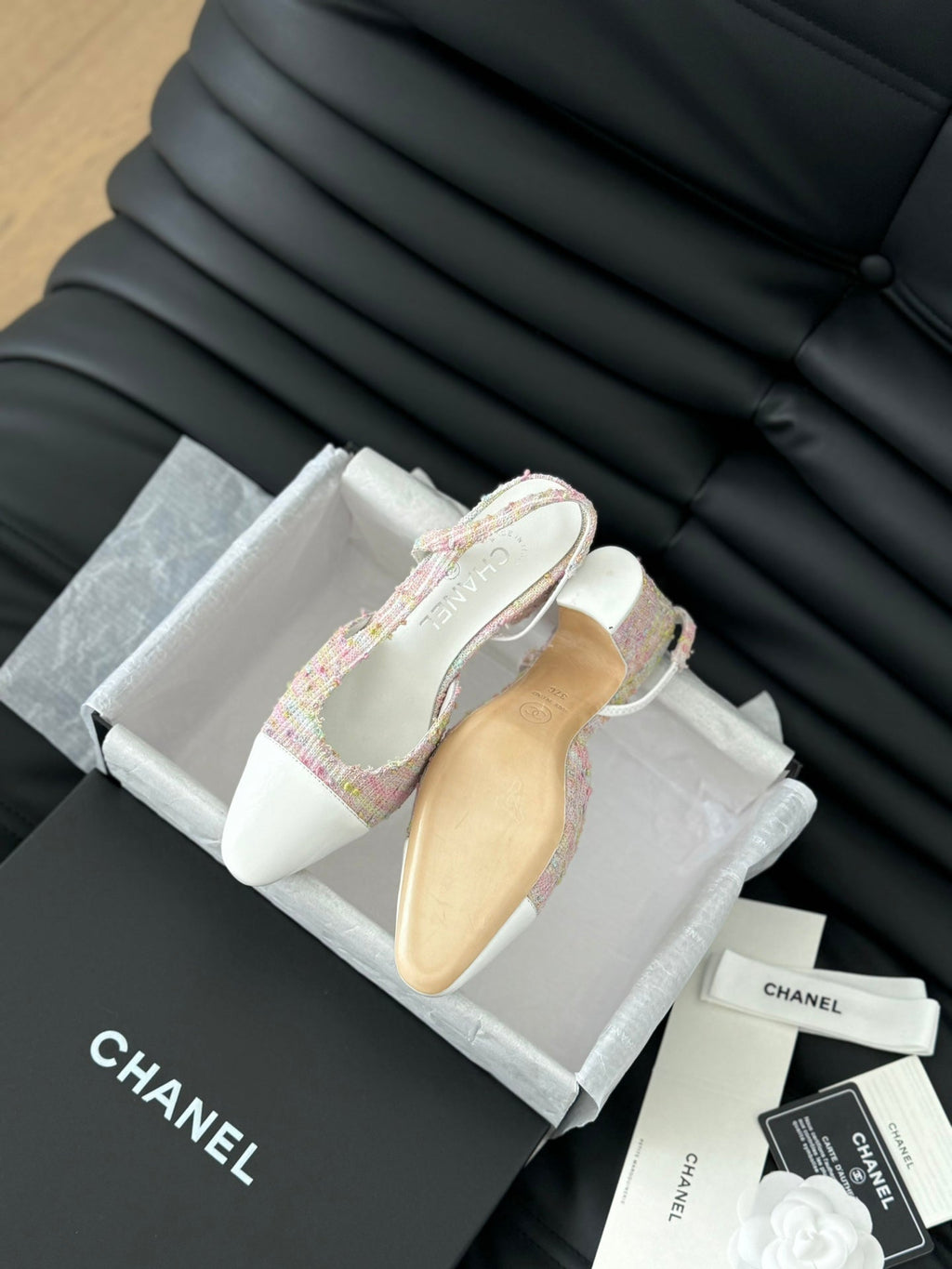 CHANEL HIGH SLINGBACK IN LIGHT PINK TWEED MIX WHITE LAMBSKIN