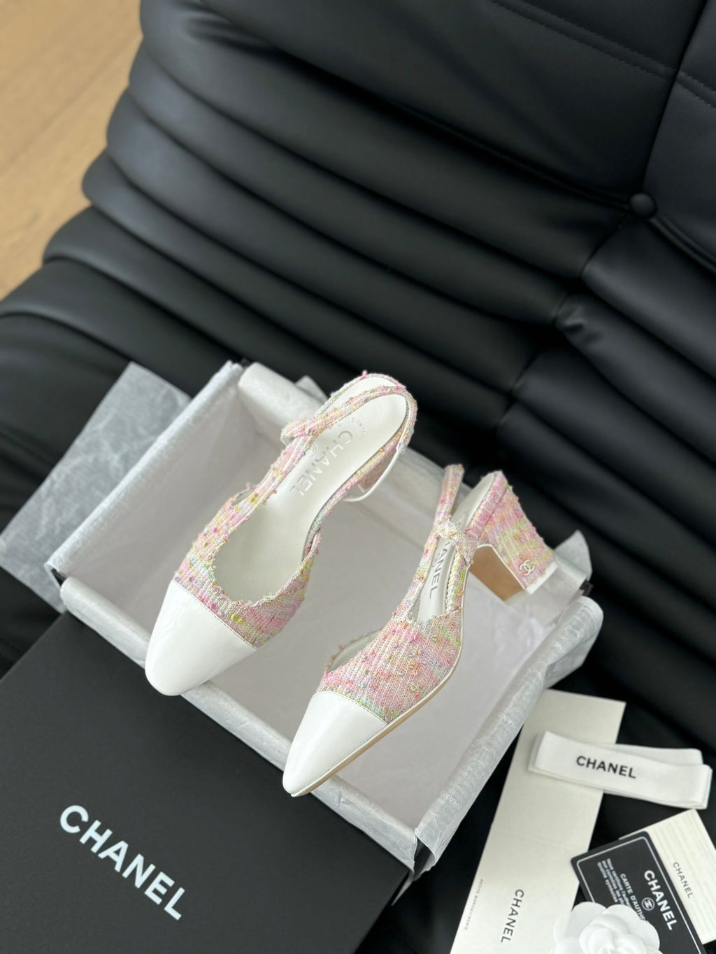 CHANEL HIGH SLINGBACK IN LIGHT PINK TWEED MIX WHITE LAMBSKIN