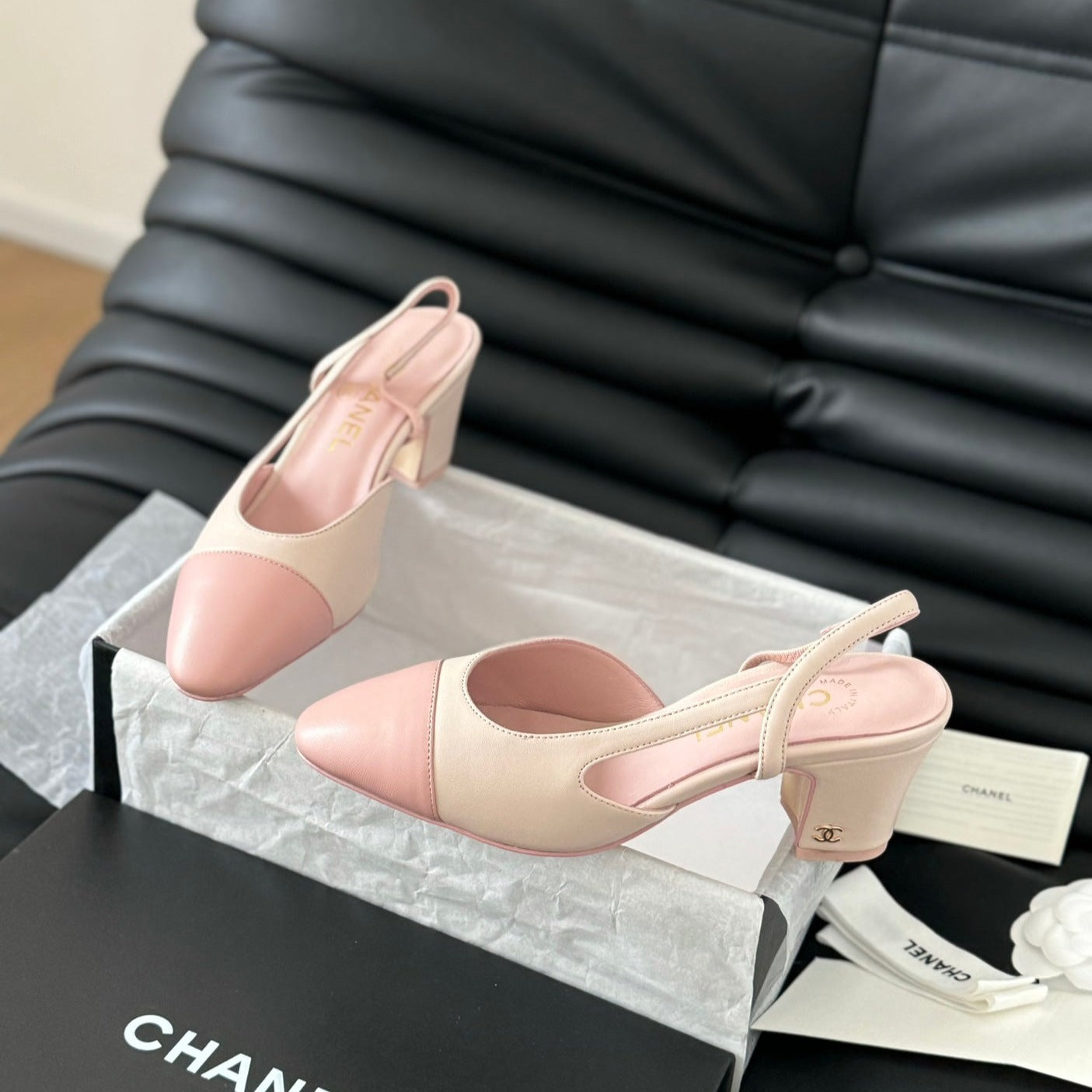 CHANEL HIGH SLINGBACK IN LIGHT PINK LAMBSKIN