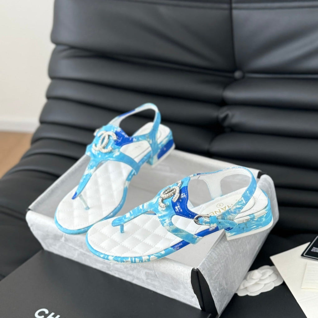 CHANEL Double C Classic One-Strap Sandals White Sky Blue Lambskin