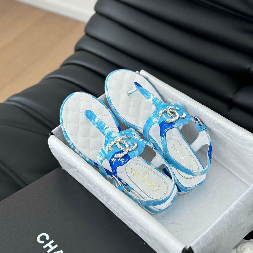 CHANEL Double C Classic One-Strap Sandals White Sky Blue Lambskin