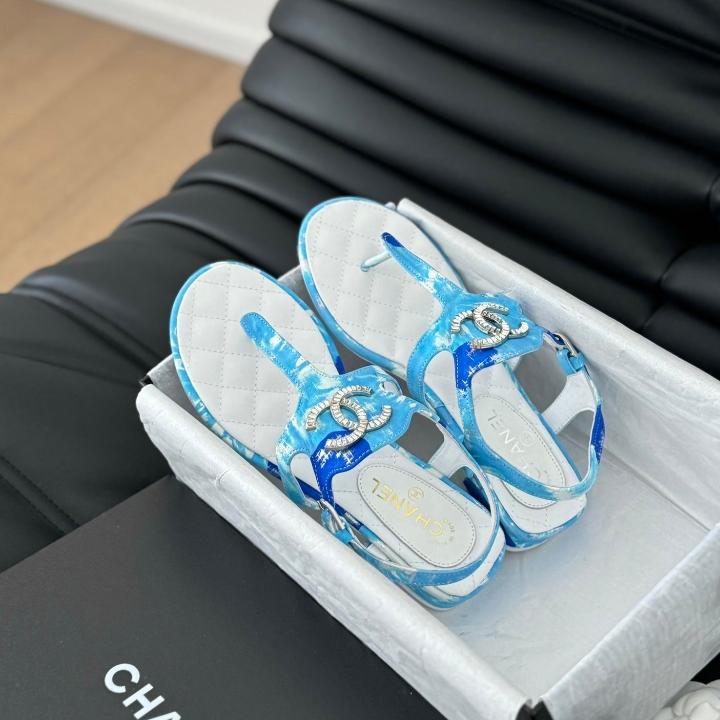 CHANEL Double C Classic One-Strap Sandals White Sky Blue Lambskin