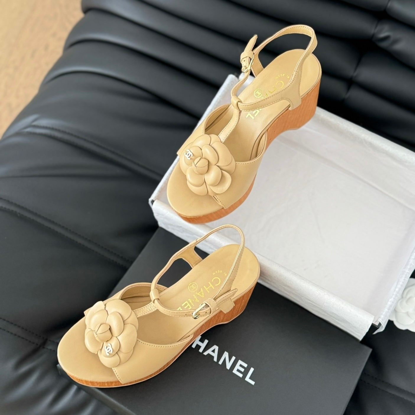 CHANEL Double C New Wood Grain Platform Sandal  Tan Brown Lambskin