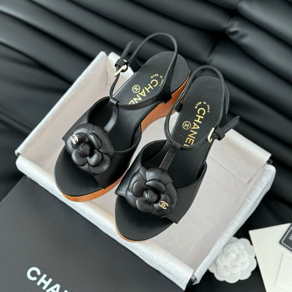 CHANEL Double C New Wood Grain Platform Sandal  Black Lambskin