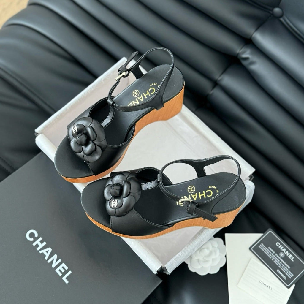 CHANEL Double C New Wood Grain Platform Sandal  Black Lambskin