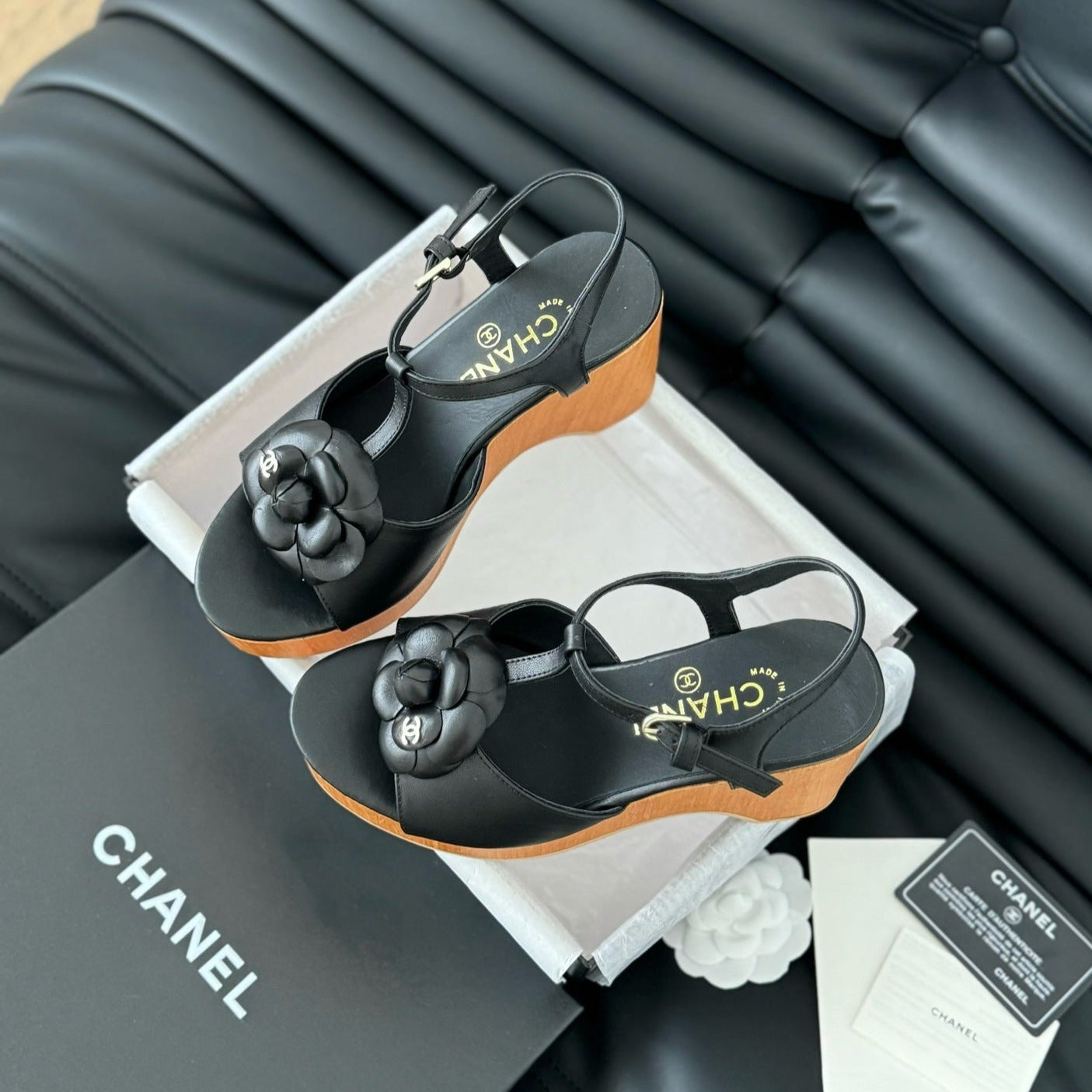 CHANEL Double C New Wood Grain Platform Sandal  Black Lambskin