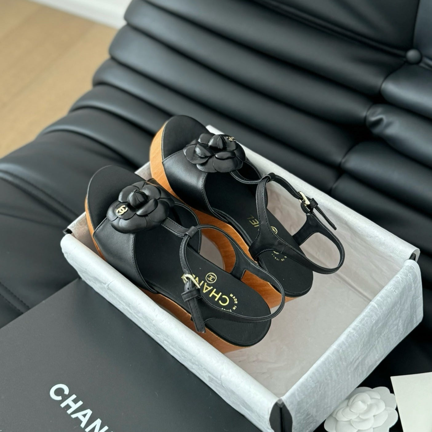 CHANEL Double C New Wood Grain Platform Sandal  Black Lambskin
