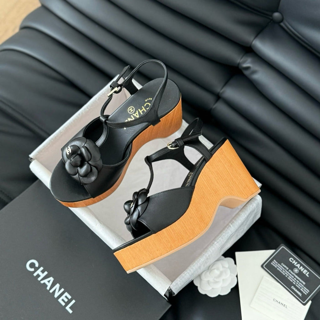 CHANEL Double C New Wood Grain Platform Sandal  Black Lambskin