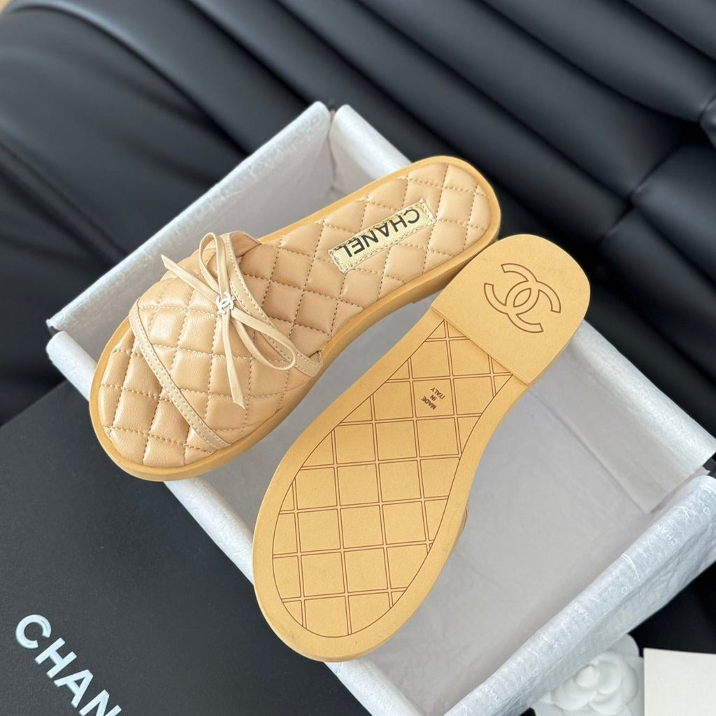CHANEL Double C  New Butterfly Button Slippers Yellow Cream Lambskin