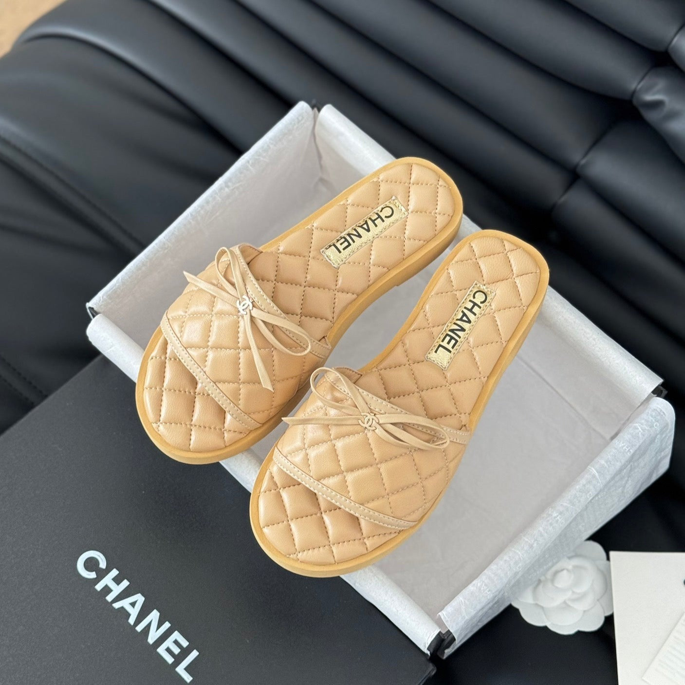 CHANEL Double C  New Butterfly Button Slippers Yellow Cream Lambskin
