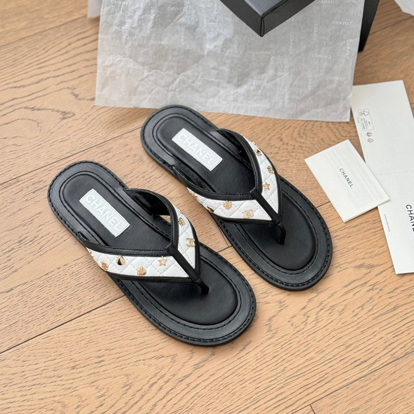 CHANEL Double C Thong Sandals Lambskin Black White