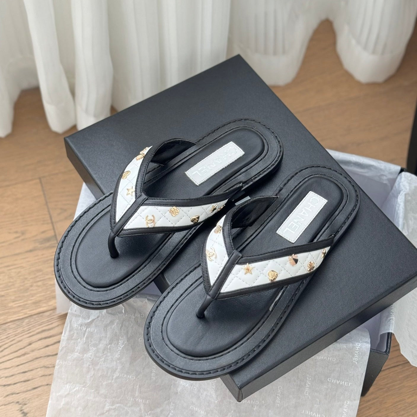 CHANEL Double C Thong Sandals Lambskin Black White